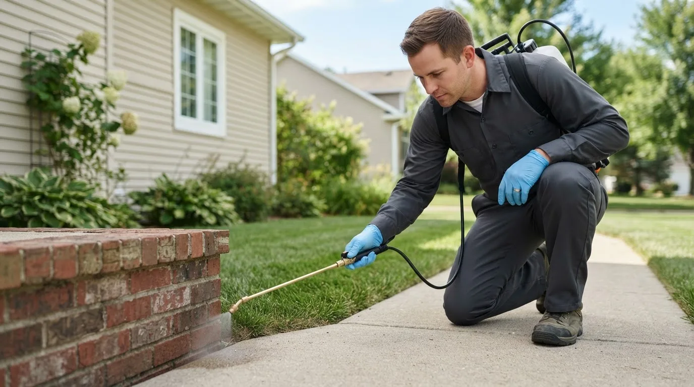 Pest control technician treating a home near Pentwater, MI